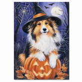 Rough Collie Dog Halloween Canvas Print Wall Hanging Pumpkin Witch Hat Art Gift for Pet Owners on Ready to Hang 1.5" Thick Canvas Wrap, Floating Framed Canvas, Flat Rolled Canvas